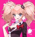  1girl :d absurdres bear_hair_ornament black_bra black_shirt blood blood_from_mouth blood_on_face blue_eyes bow bra breasts cleavage danganronpa:_trigger_happy_havoc danganronpa_(series) enoshima_junko hair_ornament hand_up highres koya_(jana8745) large_breasts long_hair long_sleeves looking_at_viewer nail_polish necktie pink_background pink_blood polka_dot polka_dot_bra red_bow red_nails shirt simple_background smile teeth twintails underwear upper_body upper_teeth_only white_necktie 