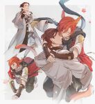  2boys adventurer_(ff14) all_fours animal_ears archon_mark arms_around_neck belt black_pants black_scarf blue_eyes border bracer braid brown_hair carrying carrying_person cat_boy cat_ears cat_tail chest_harness closed_eyes coat facial_mark facing_another final_fantasy final_fantasy_xiv full_body g&#039;raha_tia grey_background hair_ornament harness highres hood hood_down hooded_coat hyur jacket jewelry male_focus medium_hair mid.m miqo&#039;te multiple_boys multiple_views neck_tattoo open_mouth outside_border pants pendant red_eyes red_hair red_jacket scarf shirt short_hair simple_background single_braid smile standing tail tattoo viper_(final_fantasy) warrior_of_light_(ff14) white_border white_coat white_shirt wide_sleeves x_hair_ornament yaoi 