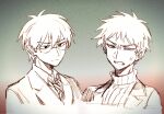  2boys anger_vein atou_haruki chinese_commentary closed_mouth collared_shirt commentary_request glasses greyscale_with_colored_background highres jacket male_focus multicolored_background multiple_boys necktie open_clothes open_jacket otowa_rui_(saibou_shinkyoku) ribbed_sweater saibou_shinkyoku shirt short_hair sketch suit_jacket sweater turtleneck turtleneck_sweater zhainuxiuer 