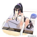  1girl absurdly_long_hair black_hair blue_eyes blush breasts broom commentary_request competition_swimsuit dreamlight2000 gemini_seed hair_ornament hair_scrunchie hose large_breasts long_hair looking_at_viewer official_art one-piece_swimsuit ponytail pool pool_ladder scrunchie shirt simple_background solo swimsuit tachi-e very_long_hair white_background white_shirt 