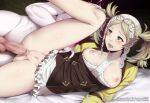  1boy 1girl anal artist_name bangs bare_legs bed_sheet blonde_hair bottomless breasts censored collarbone corruption cum cum_in_mouth cumdrip dannex009 fire_emblem fire_emblem_awakening green_eyes grima_(fire_emblem) hetero leg_up lissa_(fire_emblem) long_hair lying medium_breasts mosaic_censoring nipples on_side open_mouth parted_bangs penis pussy rape robin_(fire_emblem) robin_(fire_emblem)_(male) sex shiny shiny_hair testicles underbust white_headwear 