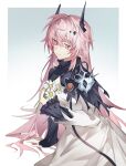  1girl arknights arm_support armor black_dress border commentary cowboy_shot dress flower frown gradient_background grey_background highres holding holding_flower horns long_sleeves looking_to_the_side pink_eyes pink_hair shiba257 shorts shoulder_armor solo theresa_(arknights) two-tone_dress white_dress 