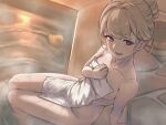  1girl blonde_hair blush breasts covering_privates hair_bun looking_at_viewer mi2mi2_minmi naked_towel nude nude_cover onsen original rubber_duck single_hair_bun sitting small_breasts soaking_feet solo steam stone_floor towel water wet wet_towel 