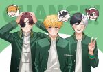  3boys black_hair blonde_hair body_switch brown_hair chinese_clothes earrings eyepatch green_jacket hayato_suou heterochromia jacket jewelry long_sleeves mandarin_cookie multicolored_hair multiple_boys nirei_akihiko open_mouth personality_switch sakura_haruka_(wind_breaker) school_uniform shirt smile split-color_hair v white_hair white_shirt wind_breaker_(nii_satoru) yellow_eyes 