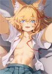  absurd_res accessory anthro blonde_hair blue_eyes blush blush_lines bodily_fluids bottomwear breasts canid canine choual clothed clothing fangs female fox hair hair_accessory hair_ribbon hi_res kemono mammal navel open_clothing open_mouth open_shirt open_topwear ribbons shirt skirt small_breasts smile solo sweat teeth topwear 