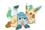  absurd_res ambiguous_gender blue_body blush eeveelution female feral genitals glaceon hi_res leafeon lying lying_on_another nintendo pok&eacute;mon pok&eacute;mon_(species) pussy simple_background sword-dance video_games white_background yellow_body 