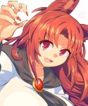  1girl :d animal_ear_fluff breasts brown_hair commentary_request fang fingernails highres imaizumi_kagerou large_breasts long_fingernails long_hair looking_at_viewer open_mouth parted_lips red_eyes red_nails simple_background skin_fang smile solo touhou umigarasu_(kitsune1963) upper_body white_background 