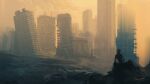  1other artist_name building city cityscape collapsed commentary english_commentary highres orange_sky original post-apocalypse rock rubble ruins scenery sitting sitting_on_rock sky tripdancer 