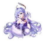  1girl :d absurdres aqua_eyes bare_shoulders breasts choker cleavage commentary detached_sleeves gloves hair_intakes halo hand_up head_wings highres honkai:_star_rail honkai_(series) koya_(jana8745) long_hair looking_at_viewer open_mouth purple_choker purple_hair robin_(honkai:_star_rail) short_sleeves simple_background smile solo upper_body very_long_hair white_background white_gloves wings 