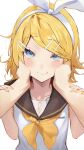  1girl absurdres aqua_eyes arm_grab bare_arms bare_shoulders black_sailor_collar blonde_hair blush bow bow_hairband cheek_squash collarbone flat_chest hair_bow hairband hands_on_another&#039;s_cheeks hands_on_another&#039;s_face highres inubangarou kagamine_rin looking_at_viewer neckerchief pov pov_hands sailor_collar shirt skinny sleeveless sleeveless_shirt smile solo swept_bangs treble_clef vocaloid wavy_mouth white_bow white_hairband yellow_nails yellow_neckerchief 