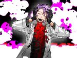  1boy black_gloves black_shirt blood blood_on_clothes chinese_commentary closed_eyes commentary_request decapitation disembodied_head earrings facing_viewer fangs gloves highres jewelry kafei067 lab_coat long_sleeves male_focus open_clothes open_mouth purple_hair saibou_shinkyoku shirt short_hair smile solo theodore_riddle upper_body 