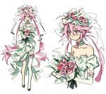  1girl bare_shoulders black_footwear bouquet choker detached_sleeves dress edward_(chookooreetoo) flower highres holding holding_bouquet long_hair low_twintails multiple_views oune_meno pink_eyes pink_flower pink_hair pink_rose puffy_short_sleeves puffy_sleeves rose shoes short_sleeves sidelocks single_thighhigh thighhighs twintails utau very_long_hair wedding_dress white_choker white_dress white_thighhighs white_veil 