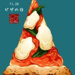  artist_logo basil_leaf blue_background cheese dated food food_focus highres margherita_pizza no_humans original pizza tomato_sauce yuki00yo 