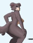  absurd_res anthro beastars big_breasts breasts brown_body brown_fur canid canine elelite female fur grey_eyes hi_res humanoid juno_(beastars) mammal nipples simple_background solo tail thick_thighs 