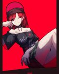  1girl ;) black_hat black_shirt choker closed_mouth clothes_writing collarbone corporalblake hat hecatia_lapislazuli highres legs looking_at_viewer off-shoulder_shirt off_shoulder one_eye_closed pillarboxed red_background red_hair ringed_eyes shirt short_hair signature smile solo touhou 