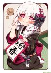  1girl 2019 absurdres black_bow black_kimono blush boar bow braid chinese_zodiac closed_mouth commentary_request fate/extra fate_(series) full_body hair_bow hair_over_shoulder hands_up highres holding japanese_clothes kimono long_hair long_sleeves low_twintails nursery_rhyme_(fate) on_floor pink_eyes seiza sitting smile socks solo striped_bow tatami twin_braids twintails v very_long_hair white_socks wide_sleeves year_of_the_pig yuya090602 