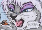  anthro canid canine cerberus_(artist) comic dialogue domestic_cat eyewear felid feline felis female fox glasses handheld humor macro male mammal not_big_and_not_clever snow_(character) teeth_visible threatening traditional_media_(artwork) vore 