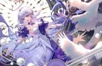  1girl allenerie artist_name bare_shoulders blue_eyes breasts collarbone commentary cowboy_shot detached_collar detached_sleeves dress dutch_angle gloves halo head_wings highres holding holding_staff honkai:_star_rail honkai_(series) large_breasts long_dress long_hair looking_at_viewer open_hand outstretched_arms purple_dress purple_sleeves robin_(honkai:_star_rail) short_sleeves solo staff strapless strapless_dress treble_clef white_dress white_gloves white_hair wings 