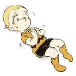 1boy black_shorts blonde_hair brown_socks charlie_brown commentary_request dated full_body male_focus own_hands_together peanuts_(comic) shirt shorts socks sweat uriko_(botannabe) worried yellow_shirt 