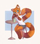  2024 ailurid anthro blue_background blue_eyes brown_body brown_fur clothed clothing container cup digital_media_(artwork) flynn_(redpandaflynn) fully_clothed fur furniture hi_res inner_ear_fluff long_tail looking_at_viewer mammal orange_body orange_fur red_panda simple_background sitting solo stool tail tuft white_background yshanii 