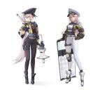  2girls absurdres armor baton_(weapon) belt black_headwear black_pants blue_necktie brown_eyes bulletproof_vest collared_shirt ear_piercing earpiece full_body grey_shirt hair_behind_ear hand_on_hip hand_on_shield hat high_heels highres holding holding_megaphone holding_weapon knee_pads long_hair looking_at_viewer looking_down megaphone multiple_girls necktie original over_shoulder pants peaked_cap piercing police police_uniform policewoman ponytail riot_shield sheriff shield shirt shirt_tucked_in shoulder_armor single_knee_pad skin_tight standing thigh_strap uniform very_long_hair vexxxxa walkie-talkie weapon weapon_over_shoulder white_background white_hair 