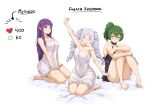  3girls barefoot bed black_nightgown breasts closed_eyes elf fern_(sousou_no_frieren) frieren green_hair jk_arts large_breasts long_hair medium_hair multiple_girls nightgown pointy_ears purple_eyes purple_hair sleepwear smile sousou_no_frieren stretching twintails white_hair 