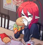  &gt;_&lt; 1girl antenna_hair black_sailor_collar black_serafuku blush braid burger chair cheese closed_mouth colored_skin cup disposable_cup drinking_straw eating english_commentary fast_food food french_fries funamusea hair_between_eyes highres holding holding_burger holding_food ketchup lettuce lobco_(funamusea) neckerchief onion oounabara_to_wadanohara pickle pink_nails pointy_ears poster_(object) red_hair redscarfy sailor_collar school_uniform serafuku single_braid solo table tile_floor tiles tomato tomato_slice twitter_username white_neckerchief white_skin 