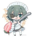  1girl alternate_costume apron black_dress black_footwear blush chibi dress enmaided eyepatch food food_on_face frilled_apron frilled_dress frills fruit full_body green_eyes green_hair hair_between_eyes highres holding holding_spoon kantai_collection kiso_(kancolle) maid maid_headdress narukan open_mouth shoes short_hair short_sleeves simple_background solo spoon strawberry thighhighs translation_request twitter_username whipped_cream white_apron white_background white_thighhighs 