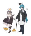  2boys ahoge aqua_hair bird black_coat black_footwear black_necktie black_pants black_shorts braid brown_coat bug cane chick coat collared_shirt covered_mouth dragonfly earrings floating floating_hair food fork_hair_ornament grey_eyes grey_hair grey_socks grey_sweater hair_between_eyes hand_in_pocket highres holding holding_cane holding_paper id_card jewelry kneehighs light_smile lily_pad loafers long_hair looking_at_viewer low_ponytail multicolored_hair multiple_boys necktie omelet open_clothes open_coat original oversized_clothes oxfords pale_skin pants paper scarf shirt shoes short_necktie shorts simple_background single_braid single_earring sleeves_past_wrists socks standing streaked_hair sweater tassel tassel_earrings tianzhao_daiyushen tie_clip turtleneck two-tone_hair very_long_hair walking white_background white_coat white_hair white_necktie white_scarf white_shirt yellow_nails yellow_shirt 