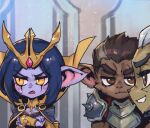  1boy 2girls alternate_ears alternate_form armor bangs black_cape black_hair blush breasts brown_fur brown_hair cape character_request cleavage closed_mouth colored_skin crossed_arms darius_(league_of_legends) facial_mark fang gem grey_hair grin league_of_legends leblanc_(league_of_legends) medium_breasts medium_hair multicolored_hair multiple_girls phantom_ix_row pointy_ears purple_skin scar scar_on_face shiny shiny_hair short_hair shoulder_armor smile spiked_armor sweatdrop teeth two-tone_hair upper_body 