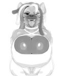  2023 absurd_res anthro big_breasts breasts cleavage cleavage_cutout clothed clothing cutout digital_drawing_(artwork) digital_media_(artwork) ear_piercing ear_ring eye_through_hair eyewear fangs female front_view glasses glistening glistening_breasts hair hi_res huge_breasts hyena looking_at_viewer mammal monochrome narrowed_eyes open_mouth piercing ring_piercing rune4 sharp_teeth solo teeth tongue topwear translucent translucent_hair wearing_glasses 
