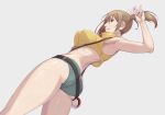  1girl absurdres belt blonde_hair breasts brown_eyes closed_mouth commentary_request cropped_shirt double_v eyelashes from_below green_shorts highres kikken looking_down misty_(pokemon) pointy_breasts poke_ball poke_ball_(basic) pokemon pokemon:_the_electric_tale_of_pikachu shirt short_shorts shorts side_ponytail sleeveless sleeveless_shirt smile solo tongue tongue_out v yellow_shirt 