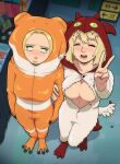  2girls absurdres animal_costume blonde_hair breasts closed_eyes cosplay costume cross-eyed dragon_hood dungeon_meshi eyelashes falin_touden frog_costume highres kigurumi large_breasts locked_arms marcille_donato multiple_girls no_bra open_mouth partially_unbuttoned standing turoboto v 