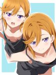  1girl bare_arms black_camisole borgbutler breasts camisole closed_mouth collarbone highres leaning_forward love_live! love_live!_superstar!! medium_hair multiple_views no_bra open_mouth orange_hair parted_bangs purple_eyes shibuya_kanon simple_background small_breasts solo 
