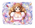  1girl breasts bridal_veil brown_eyes brown_hair charlotte_pudding cleavage collarbone confetti crying crying_with_eyes_open dress drill_hair earrings english_commentary flower hair_flower hair_ornament jewelry large_breasts light_smile lips long_hair looking_at_viewer official_art one_piece one_piece_treasure_cruise parted_lips pink_flower short_sleeves tears third_eye twintails veil wedding_dress 