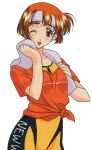  1990s_(style) 1girl bangs clothes_writing feet_out_of_frame headband holding holding_towel hoshino_asuka kai_tomohisa looking_at_viewer non-web_source official_art one_eye_closed open_mouth red_eyes red_hair retro_artstyle sentimental_graffiti shirt short_hair short_sleeves simple_background solo tied_shirt towel towel_around_neck wet_suit white_background 