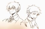  2boys atou_haruki chinese_commentary closed_mouth collared_shirt commentary_request glasses hand_on_own_chin jacket long_sleeves male_focus monochrome multiple_boys necktie open_clothes open_jacket otowa_rui_(saibou_shinkyoku) round_eyewear saibou_shinkyoku shirt short_hair simple_background smile suit_jacket sweater turtleneck turtleneck_sweater white_background zhainuxiuer 