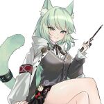  1girl :p animal_ear_fluff animal_ears arknights arm_support bare_legs black_skirt buttons cape cat_ears cat_girl cat_tail commentary crossed_legs green_eyes green_hair grey_vest harmonie_(arknights) highres holding holding_wand hood hooded_cape infection_monitor_(arknights) long_sleeves looking_at_viewer pleated_skirt raramente reed_(arknights) simple_background sketch skirt smile solo tail tongue tongue_out vest wand white_background white_cape 