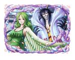  1boy 1girl black_hair breasts caesar_clown cleavage closed_mouth crop_top english_commentary feathered_wings feathers gloves green_hair harpy horns large_breasts long_hair monet_(one_piece) monster_girl navel official_art one_piece one_piece_treasure_cruise smile smirk teeth wings yellow_eyes 