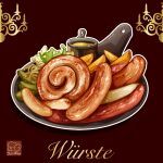  artist_logo brown_background food food_focus food_name highres meat no_humans original sauce sausage tray vegetable yuki00yo 
