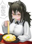  1girl absurdres ai_drawing_anime_characters_eating_ramen_(meme) animal_ears arknights breasts brown_hair chopsticks cloverse6 collared_shirt commentary cross_tie eating english_commentary english_text food gloves hair_between_eyes highres holding large_breasts long_sleeves looking_at_viewer meme noodles ponytail raccoon_ears raccoon_girl ramen robin_(arknights) shirt simple_background single_glove solo twitter_username unworn_gloves white_background white_shirt yellow_eyes 
