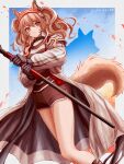  3_(sanyako1) absurdres angelina_(arknights) animal_ears arknights black_collar coat collar earpiece fox_ears fox_girl hairband highres holding holding_staff infection_monitor_(arknights) open_clothes open_coat red_hairband staff striped_clothes striped_hairband twintails 