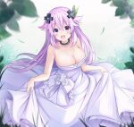  1girl :d adult_neptune alternate_costume bare_shoulders black_choker blush bow breasts choker cleavage d-pad d-pad_hair_ornament dress flower from_above giga-tera hair_ornament happy highres long_dress long_hair looking_at_viewer medium_breasts neptune_(series) no_bra outdoors purple_eyes purple_hair skirt_hold sleeveless sleeveless_dress smile solo strapless strapless_dress very_long_hair white_bow white_dress white_flower 