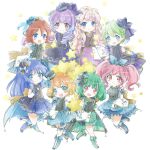  6+girls azarashi-sensei black_headwear black_vest blonde_hair blue_eyes blue_hair chibi choujikuu_yousai_macross freyja_wion green_hair green_skirt hair_ornament hat head_tilt heart heart_hair_ornament idol kaname_buccaneer looking_at_viewer lynn_minmay macross macross_delta macross_frontier makina_nakajima mikumo_guynemer mini_hat multicolored_hair multiple_girls open_mouth pink_hair purple_eyes purple_hair purple_skirt ranka_lee red_eyes red_hair reina_prowler sheryl_nome short_sidetail skirt smile star_(symbol) streaked_hair top_hat twintails uta_macross_sumaho_deculture vest walkure_(macross_delta) 