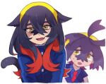  1boy 1girl :d animal_ears black_hair blue_jacket blueberry_academy_school_uniform brother_and_sister carmine_(pokemon) cat_ears cat_girl cat_tail chiimako colored_inner_hair crossed_bangs eyelashes fang hair_between_eyes hairband jacket kieran_(pokemon) long_hair long_sleeves looking_at_viewer mole mole_on_neck mole_under_eye multicolored_hair necktie open_mouth pokemon pokemon_sv purple_hair red_hair red_necktie school_uniform siblings smile tail two-tone_hair upper_body white_background yellow_eyes yellow_hairband 