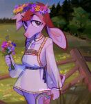  anthro artist_name beautiful_background bovid brown_eyes caprine clothing deer dress femboy fence fencepost flower flower_accessory flower_crown fur heresvix hi_res holding_object holding_weapon humanoid_hands looking_at_viewer male mammal multicolored_body multicolored_fur orange_body orange_fur plant scenery scut_tail short_tail sickle signature solo solo_focus tail translucent translucent_clothing visible_underwear weapon white_body white_clothing white_dress white_fur 