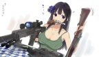  1girl assault_rifle black_hair blue_bow blue_eyes blush bow breasts casual cleavage collarbone commentary covered_nipples eighth_note green_tank_top gun gun_in_mouth hair_bow hair_ornament handgun heart holding holding_gun holding_weapon large_breasts long_hair looking_at_viewer motion_lines musical_note official_art rifle ryouki_(senran_kagura) scope senran_kagura senran_kagura_estival_versus shiny_skin sniper_rifle solo spoken_heart spoken_musical_note tablecloth tank_top translation_request weapon weapon_request yaegashi_nan 