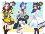  3girls ahoge animal_ears artist_name belt black_hair blue_eyes blush boots braid breasts c2f9aa cesario_(umamusume) commentary_request crown_braid daring_heart_(umamusume) daring_tact_(umamusume) gloves hair_ornament horse_ears horse_girl horse_tail long_hair looking_at_viewer medium_breasts medium_hair mole mole_on_breast multiple_girls open_mouth pantyhose purple_eyes shorts star_(symbol) star_hair_ornament tail thighhighs umamusume 