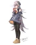  1girl :o absurdres arknights bare_shoulders beret black_pantyhose black_shirt blush breasts brown_footwear commentary_request cup dated full_body gaoling_gangqin grey_hair grey_hat grey_jacket hat highres holding holding_cup jacket long_hair long_sleeves looking_at_viewer medium_breasts mug mulberry_(arknights) off_shoulder open_clothes open_jacket pantyhose parted_lips purple_eyes shirt simple_background sleeveless sleeveless_shirt solo standing steam very_long_hair white_background wide_sleeves 