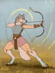 5_fingers ankle_wraps anthro armor arrow_(weapon) arrowhead belt bottomwear bow_(weapon) breastplate canid canine canis clothing drawing_bowstring dry_grass ears_up female fingers grass hi_res hindpaw mammal outside paws plant ranged_weapon skirt solo solokhoniir spread_legs spreading tree weapon wolf wrist_guards yellow_eyes 